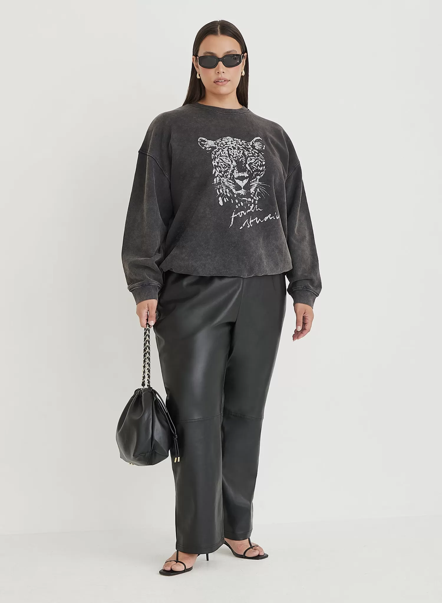 Black Acid Wash Curve Leopard Motif Oversized Sweatshirt- Cara-4th & Reckless Best