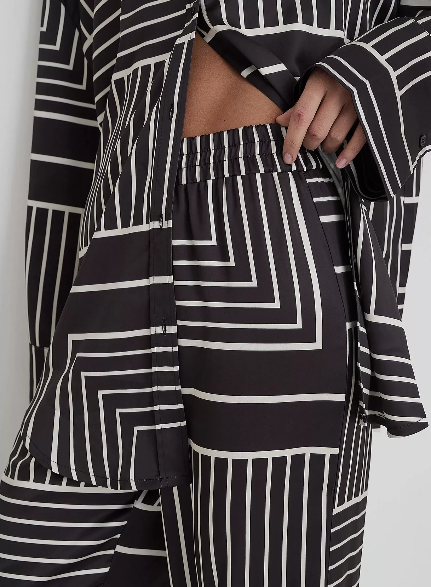 Black And Cream Abstract Print Relaxed Satin Trouser- Kora-4th & Reckless New