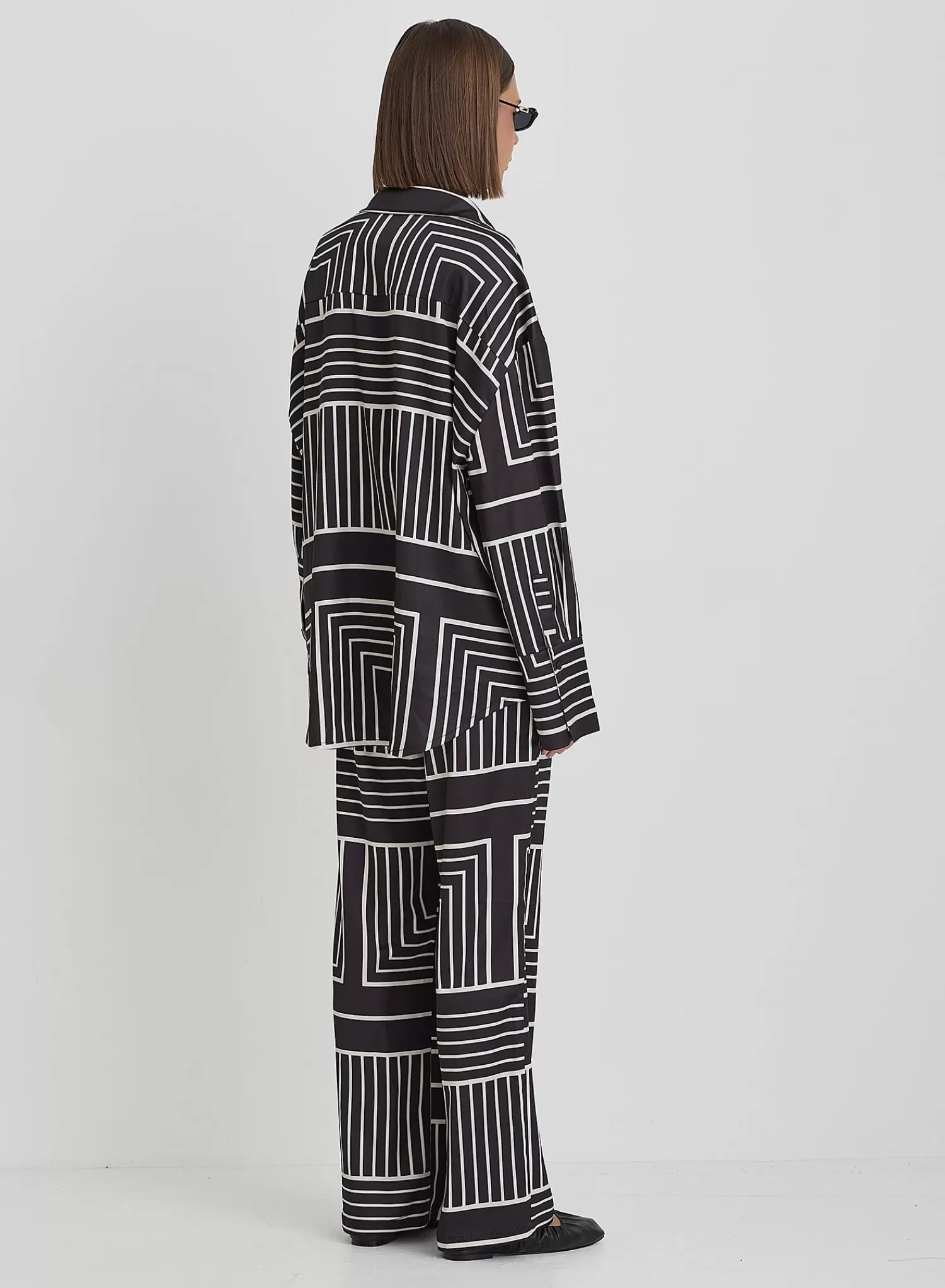 Black And Cream Abstract Print Relaxed Satin Trouser- Kora-4th & Reckless New