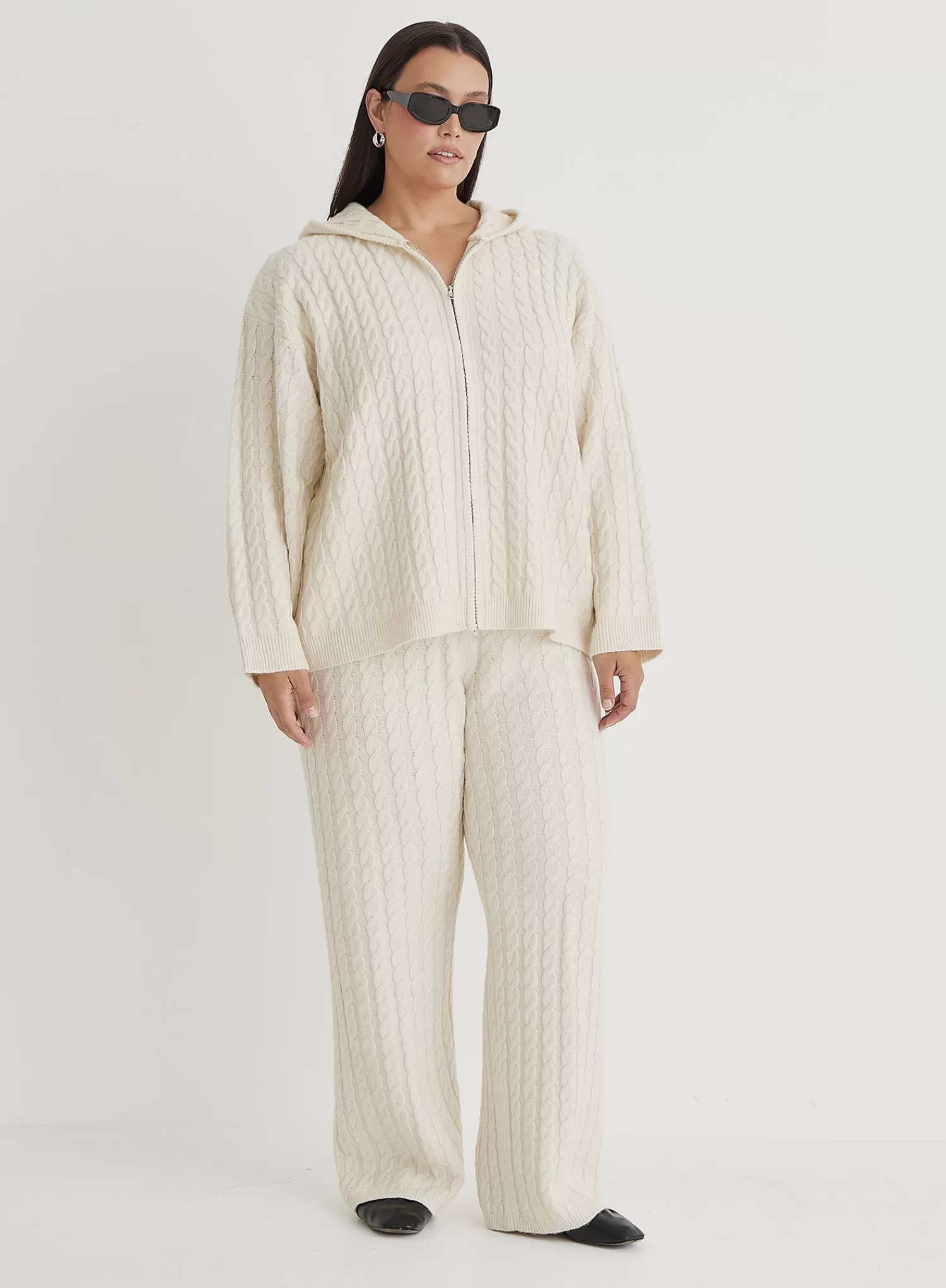 Cream Plus Size Cable Knit Zip Hoodie- Janina-4th & Reckless Store