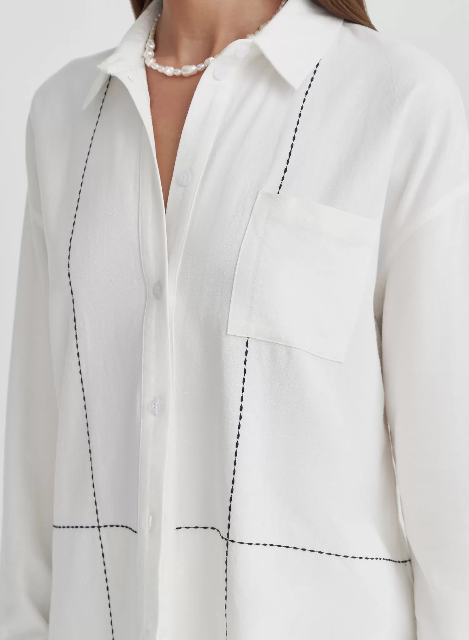 Off White Contrast Stitch Linen Oversized Shirt- Genevive-4th & Reckless Cheap